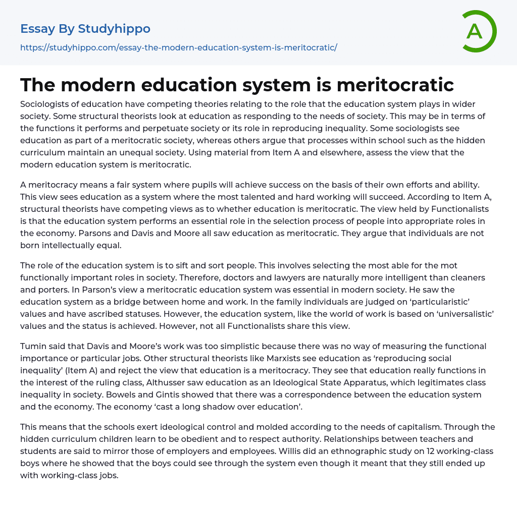 The modern education system is meritocratic Essay Example