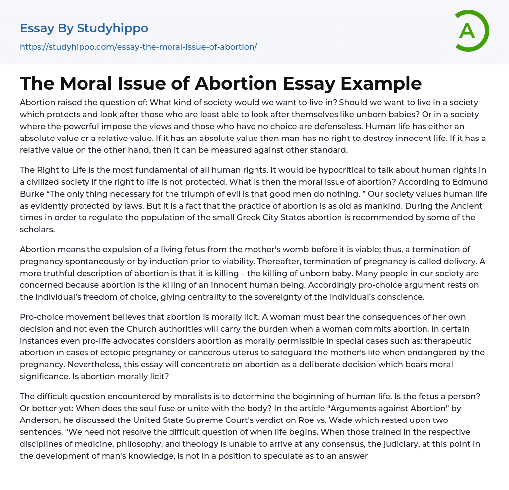 The Moral Issue of Abortion Essay Example