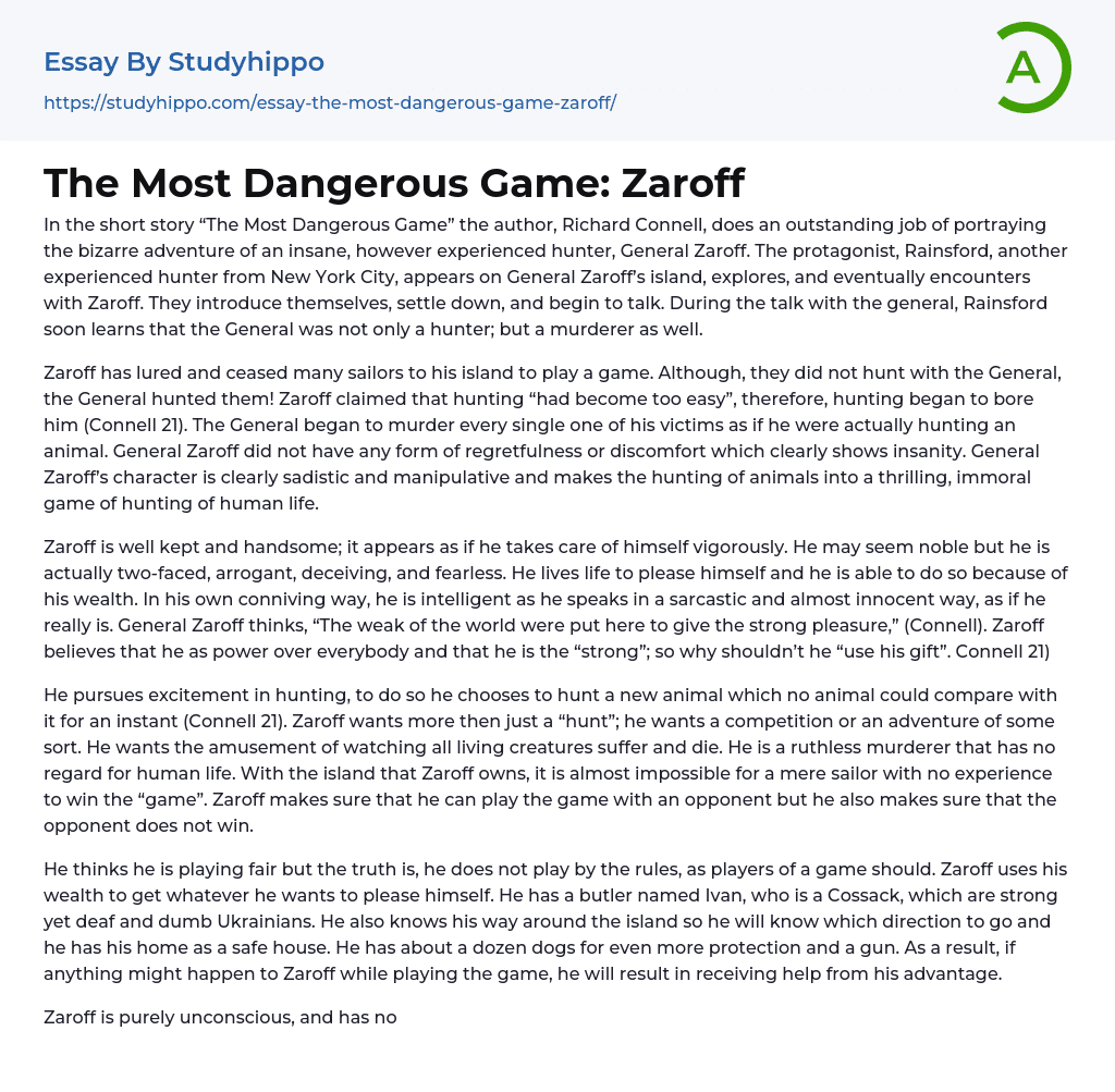 The Most Dangerous Game: Zaroff Essay Example