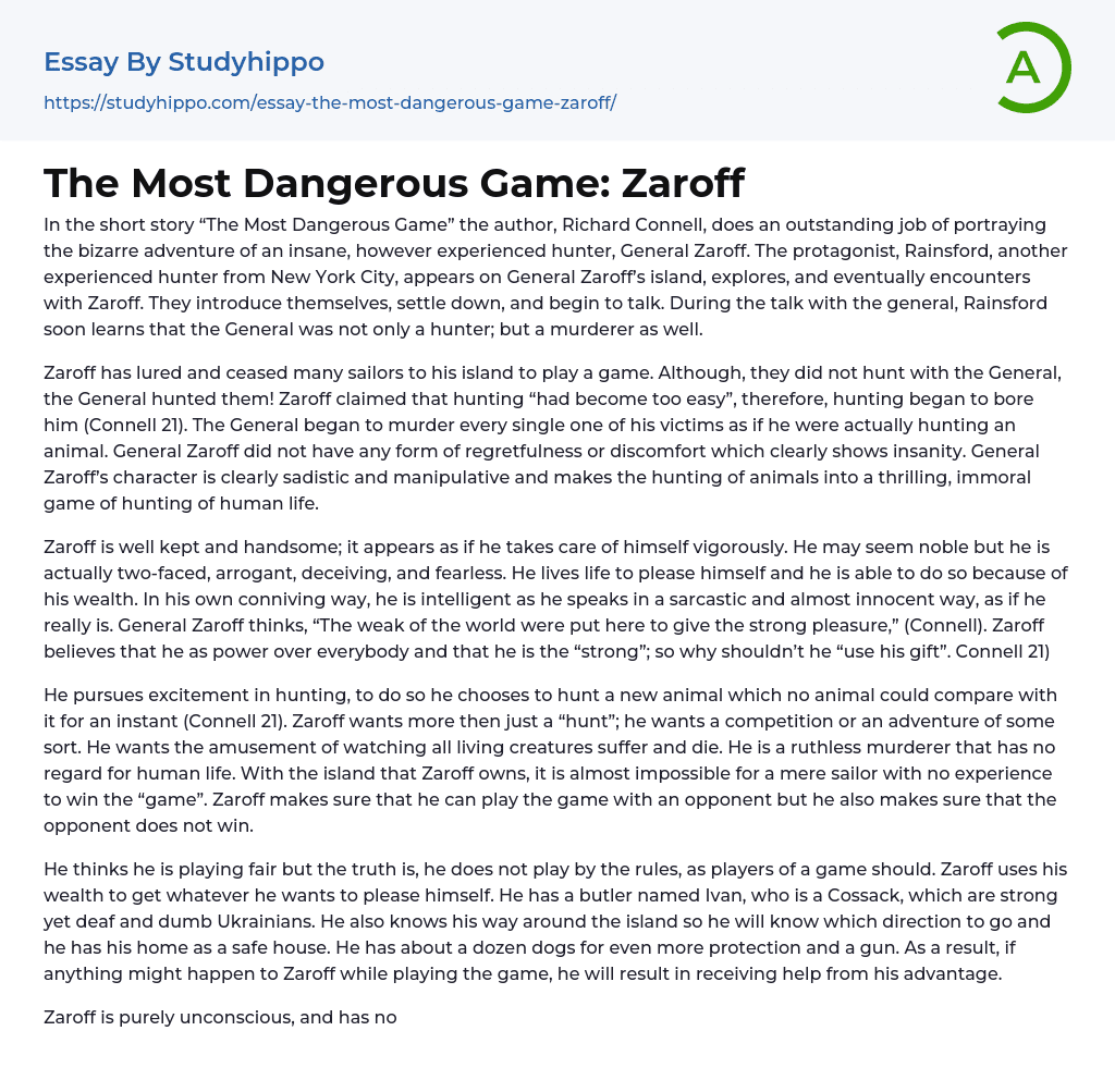 The Most Dangerous Game Zaroff Essay Example StudyHippo