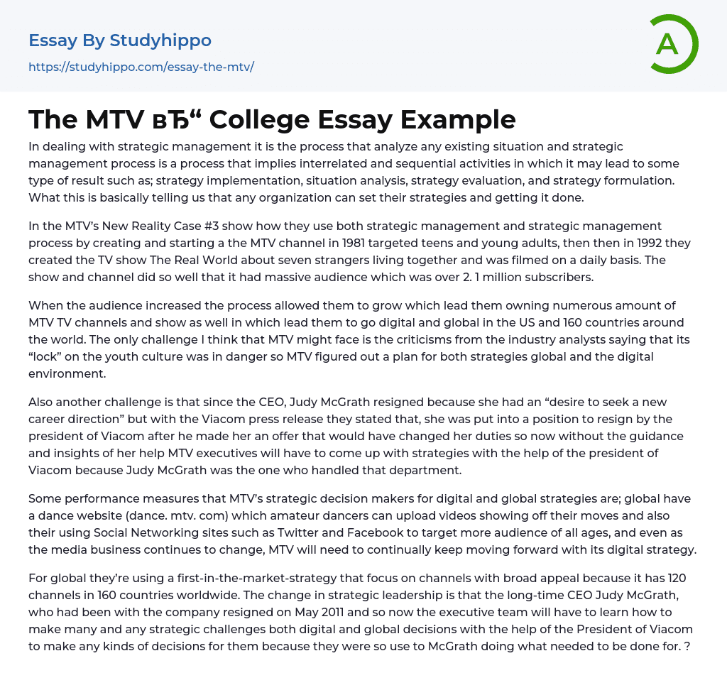The MTV College Essay Example