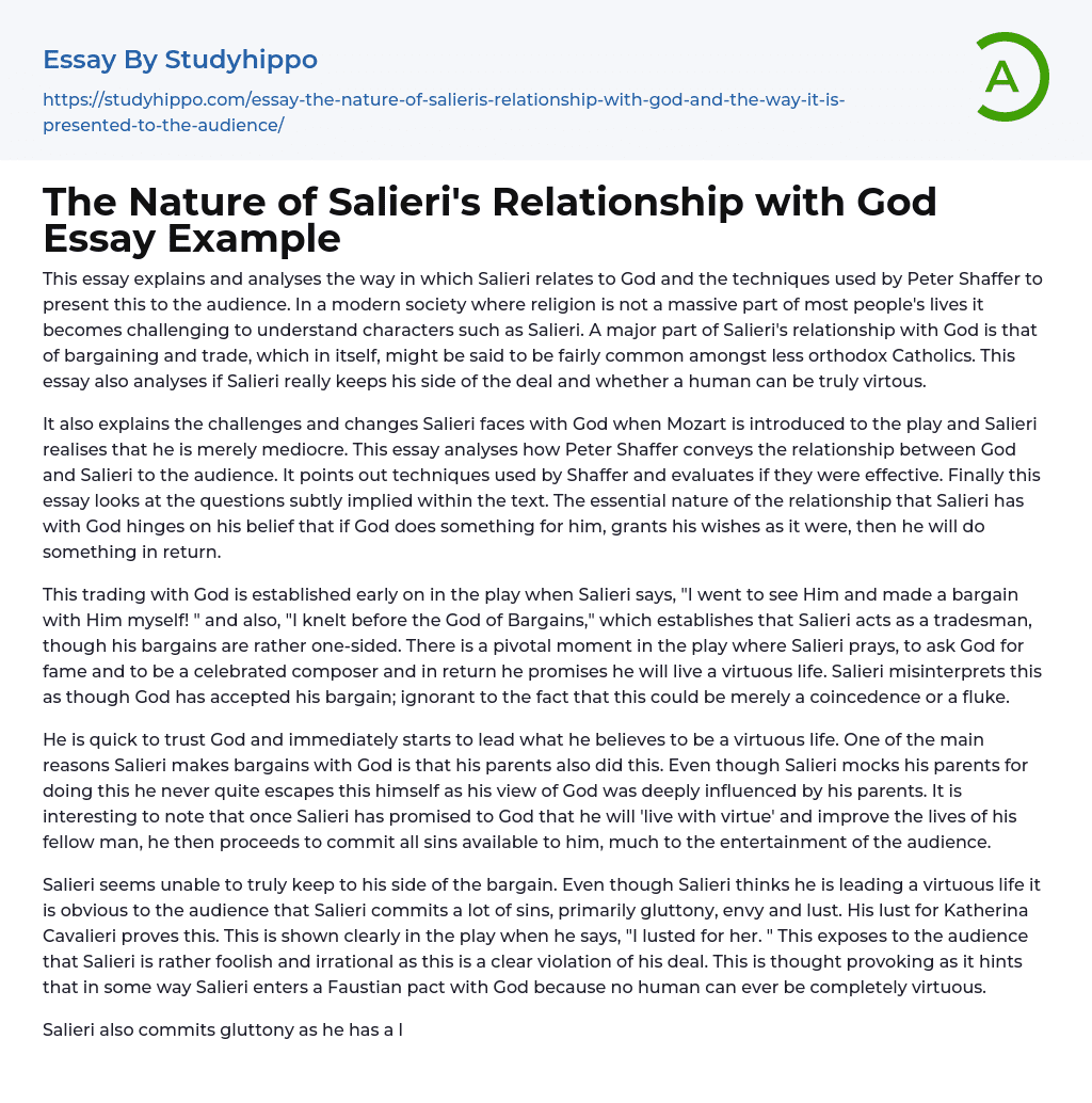 The Nature of Salieri’s Relationship with God Essay Example