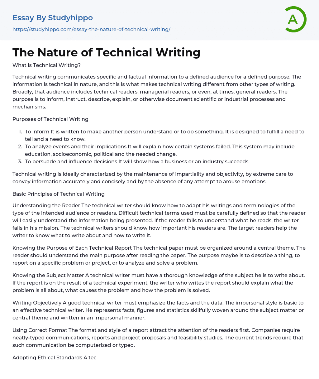 The Nature of Technical Writing Essay Example