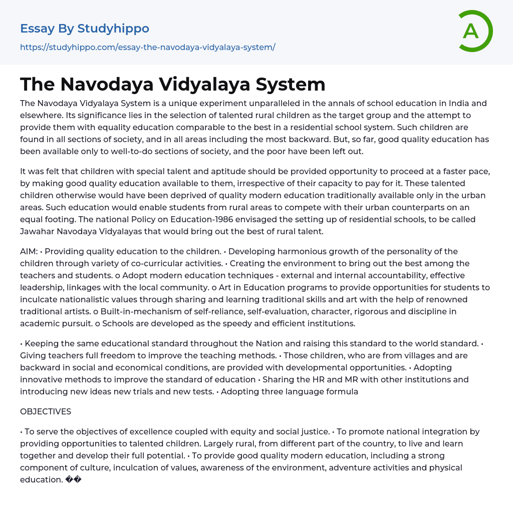 The Navodaya Vidyalaya System Essay Example