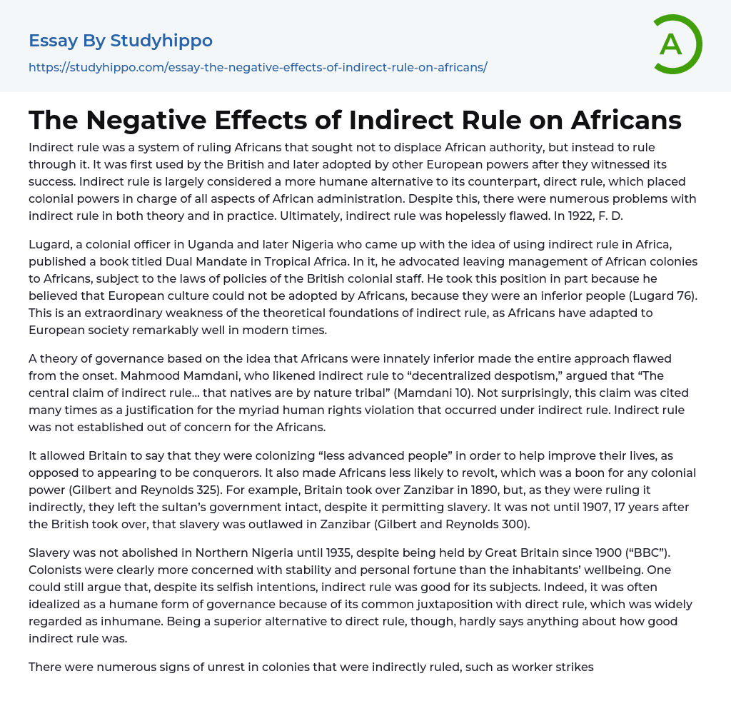 The Negative Effects of Indirect Rule on Africans Essay Example