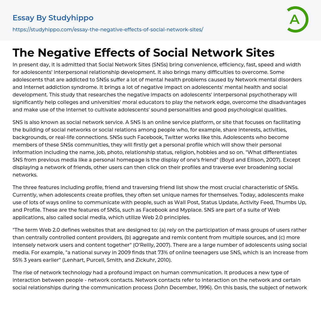 The Negative Effects of Social Network Sites Essay Example
