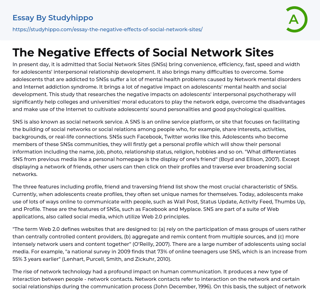 The Negative Effects Of Social Network Sites Essay Example StudyHippo