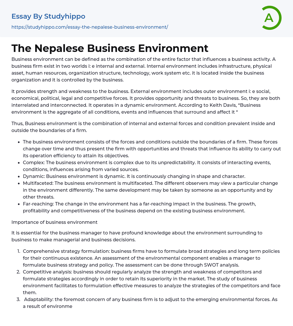 The Nepalese Business Environment Essay Example