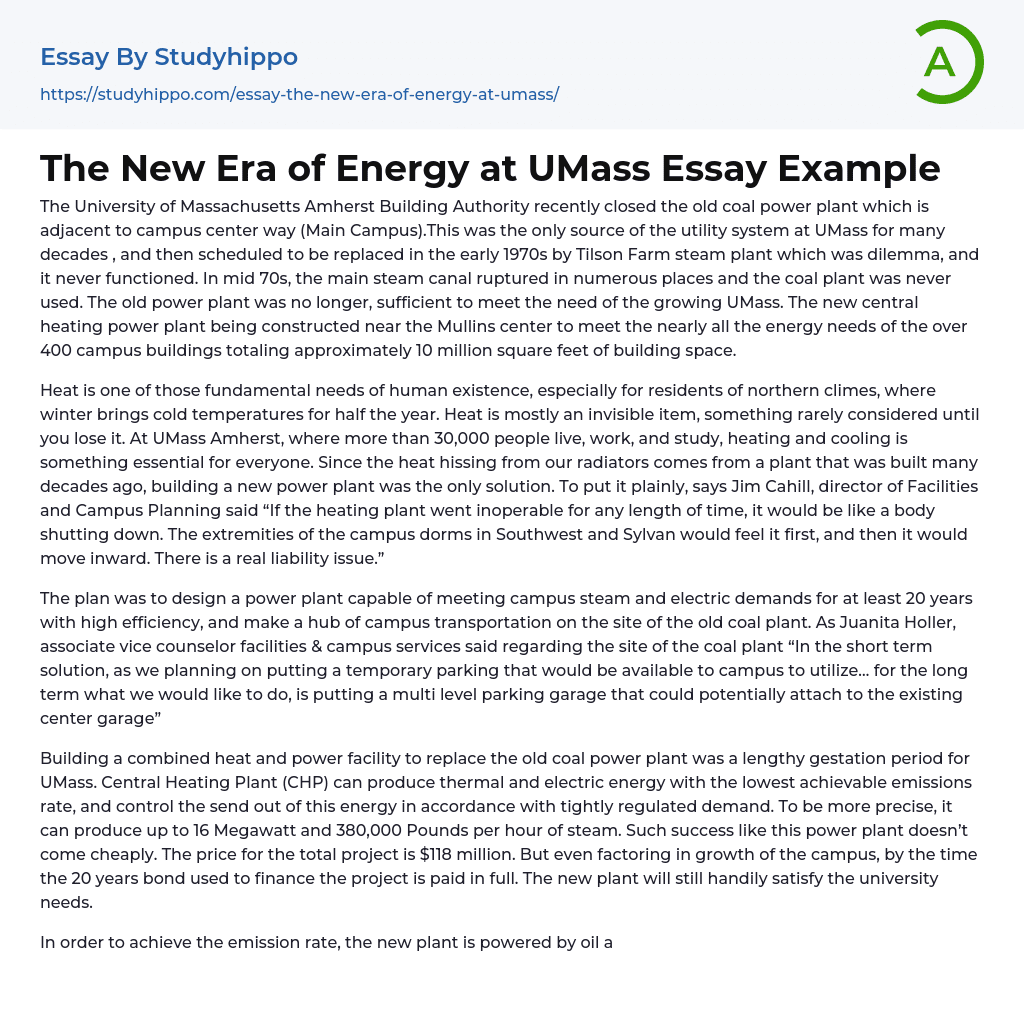 The New Era of Energy at UMass Essay Example