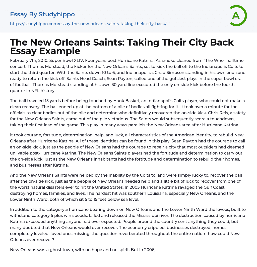 The New Orleans Saints: Taking Their City Back Essay Example
