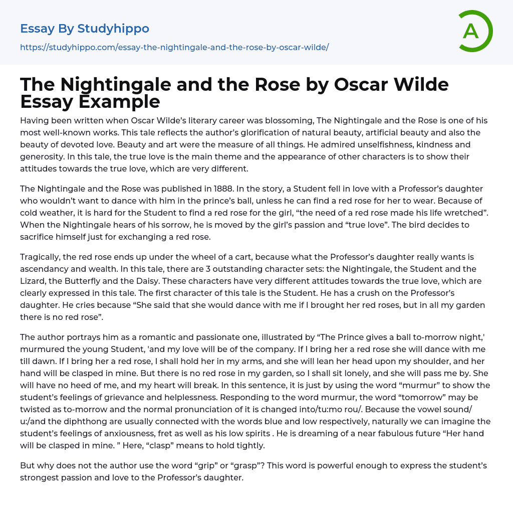 The Nightingale and the Rose by Oscar Wilde Essay Example