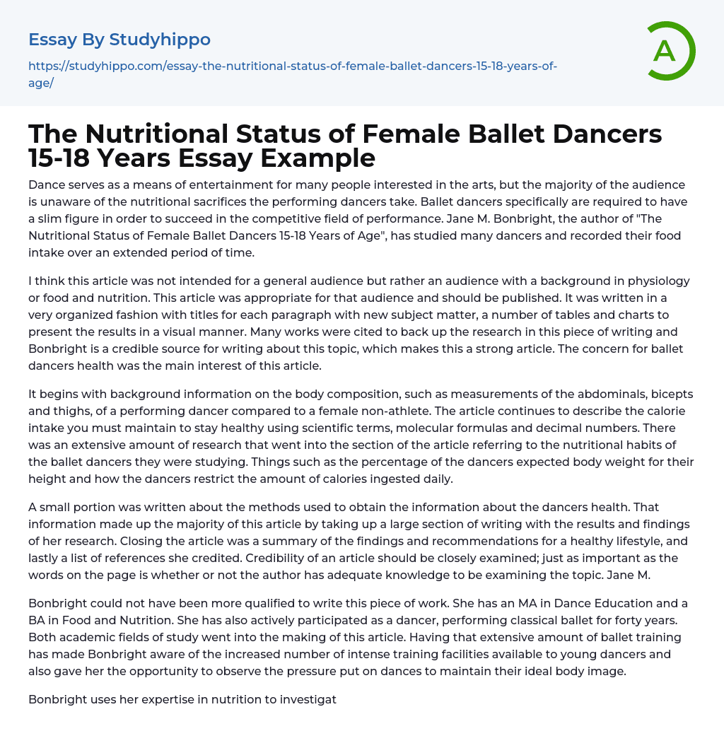 The Nutritional Status of Female Ballet Dancers 15-18 Years Essay Example