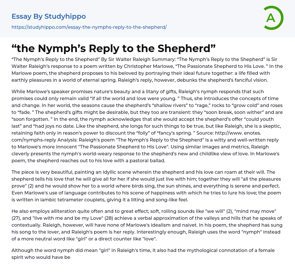 “the Nymph’s Reply to the Shepherd” Essay Example