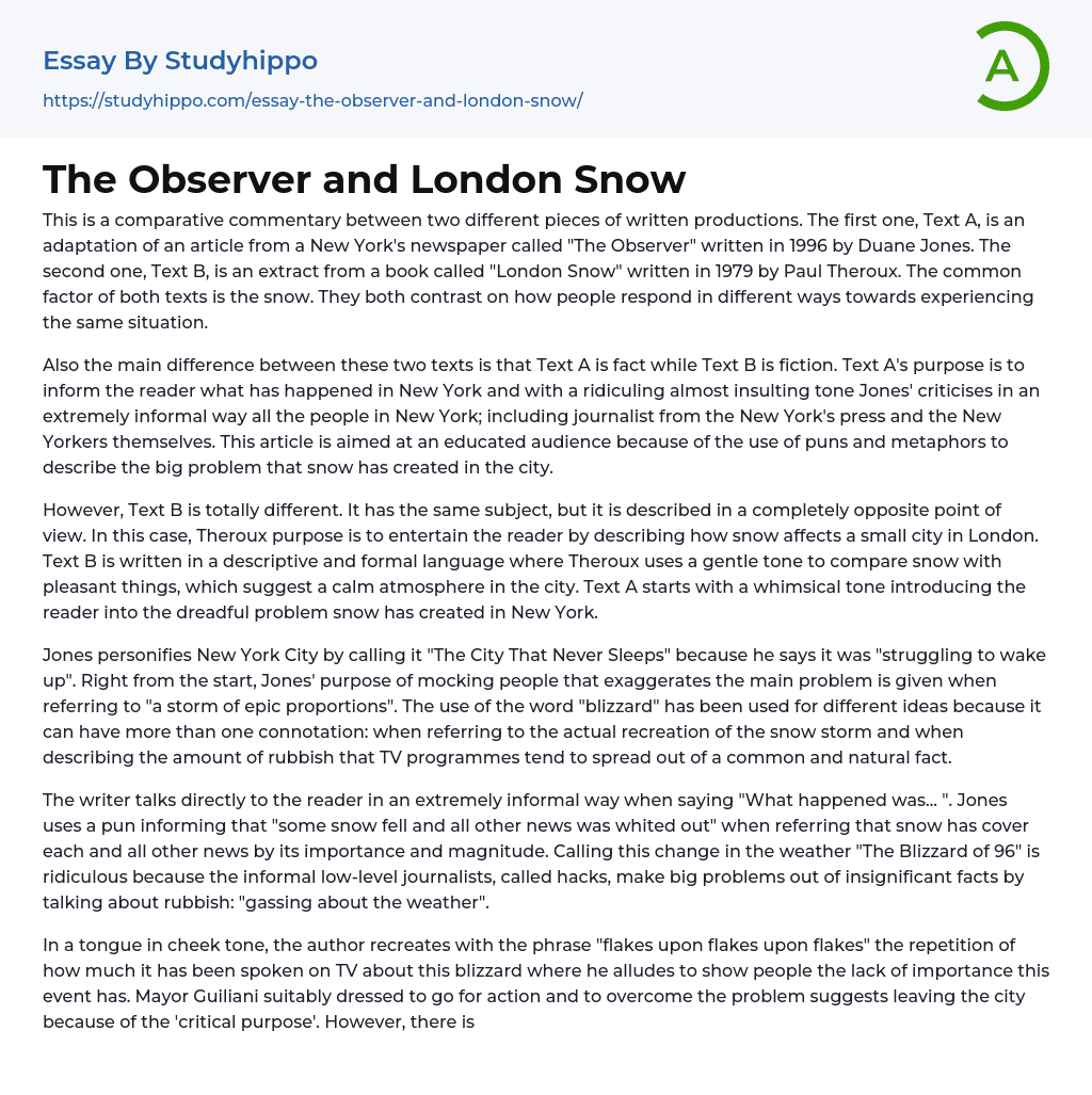 The Observer and London Snow Essay Example
