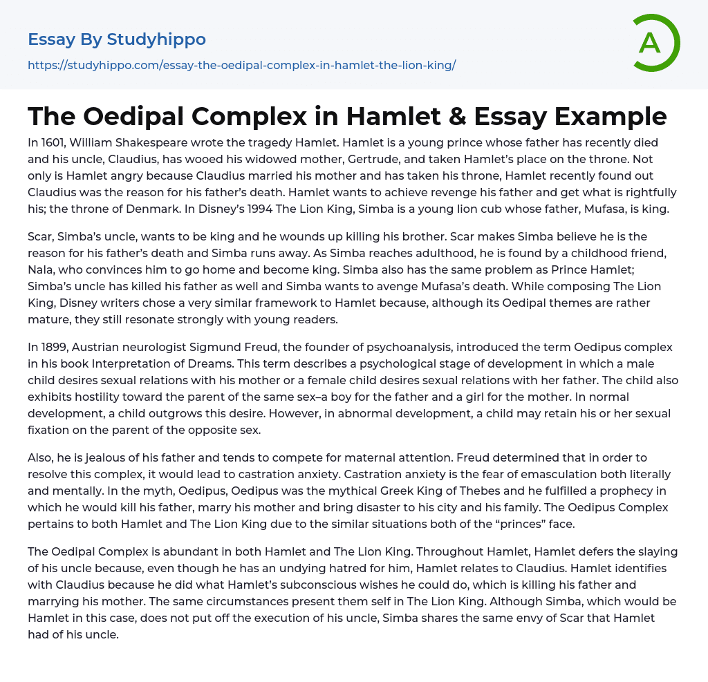 The Oedipal Complex in Hamlet &amp Essay Example