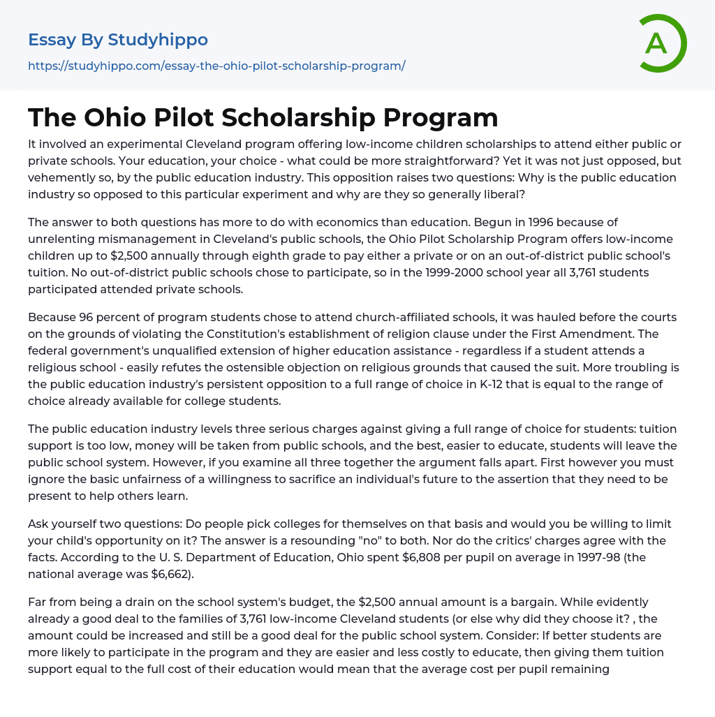 The Ohio Pilot Scholarship Program Essay Example