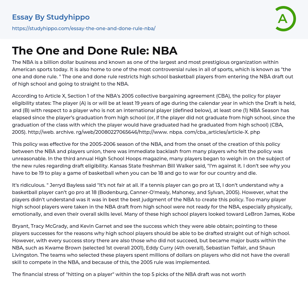 The One and Done Rule: NBA Essay Example