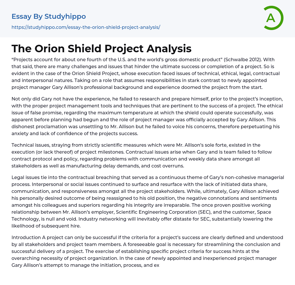 The Orion Shield Project Analysis Essay Example