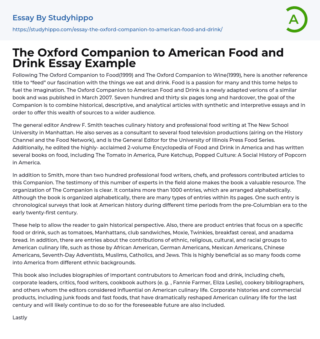 The Oxford Companion to American Food and Drink Essay Example