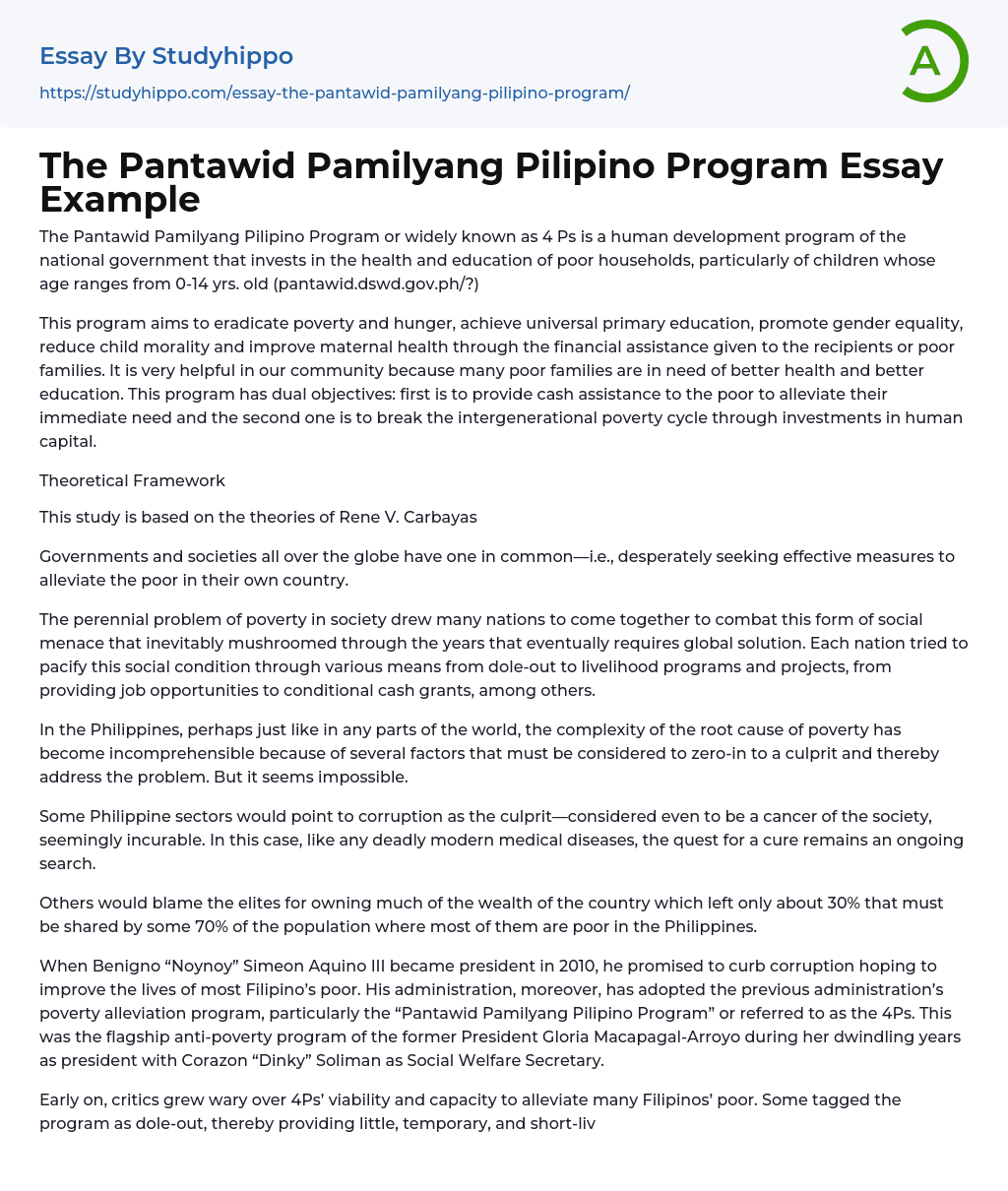 The Pantawid Pamilyang Pilipino Program Essay Example