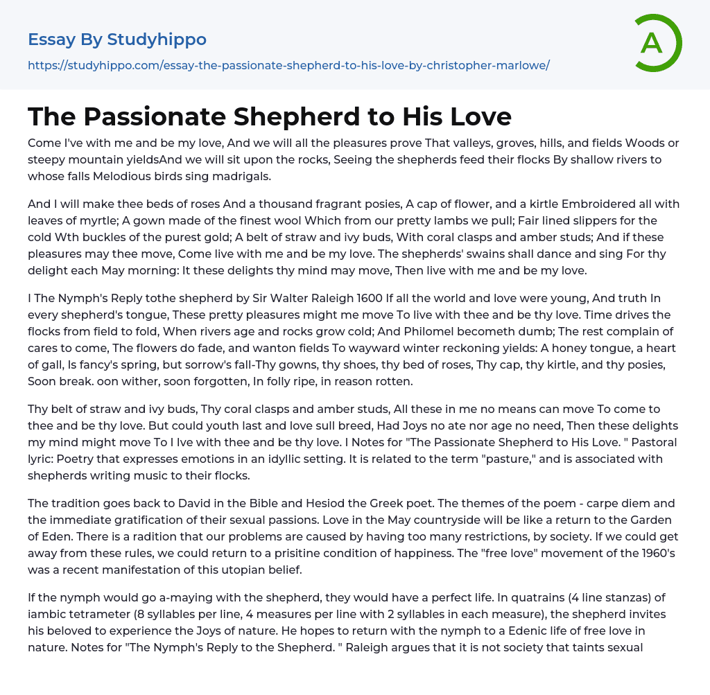 The Passionate Shepherd to His Love Essay Example