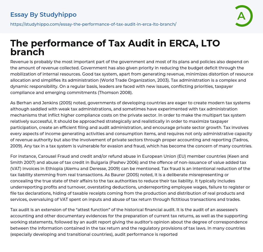 The performance of Tax Audit in ERCA, LTO branch Essay Example