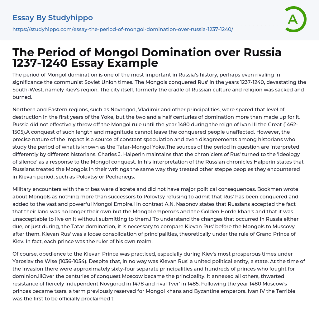The Period of Mongol Domination over Russia 1237-1240 Essay Example
