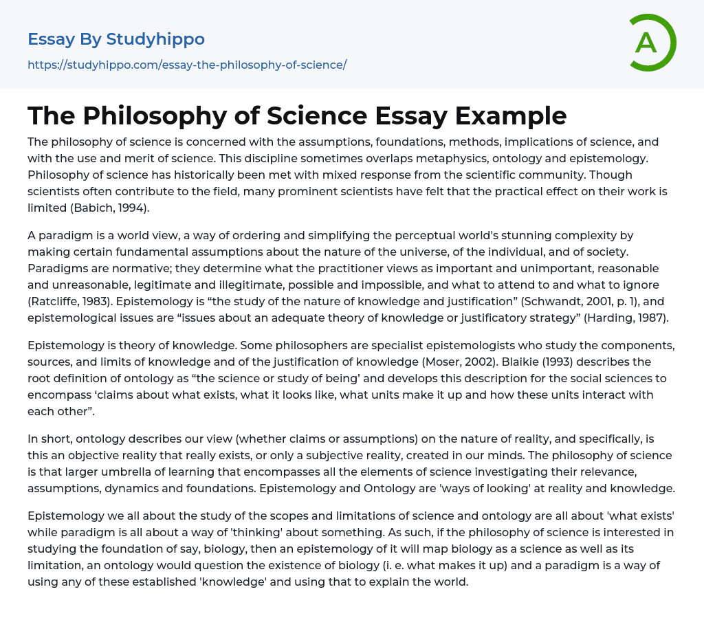The Philosophy of Science Essay Example