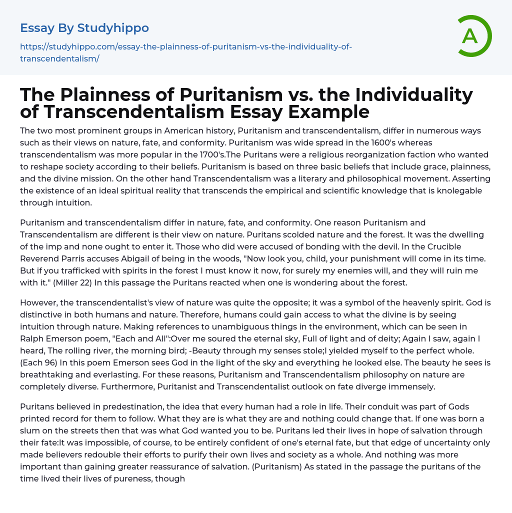 The Plainness of Puritanism vs. the Individuality of Transcendentalism Essay Example