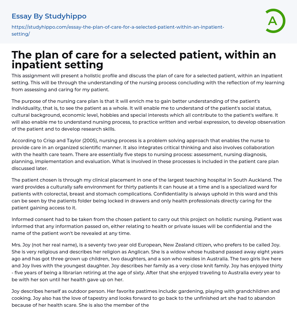 The plan of care for a selected patient, within an inpatient setting Essay Example