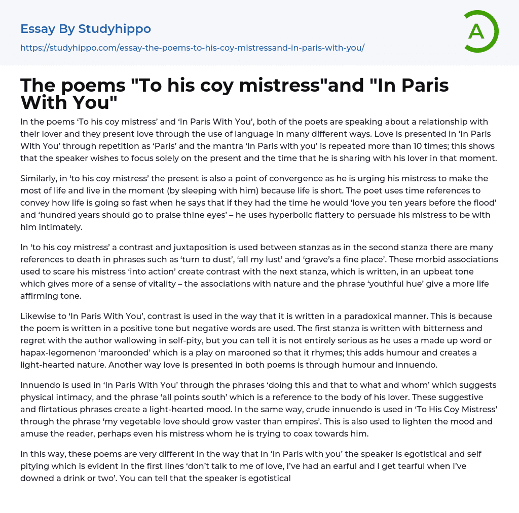 The poems “To his coy mistress”and “In Paris With You” Essay Example