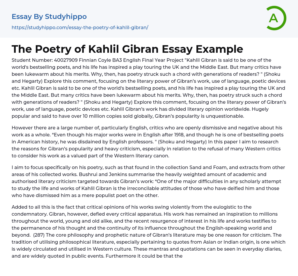 The Poetry of Kahlil Gibran Essay Example