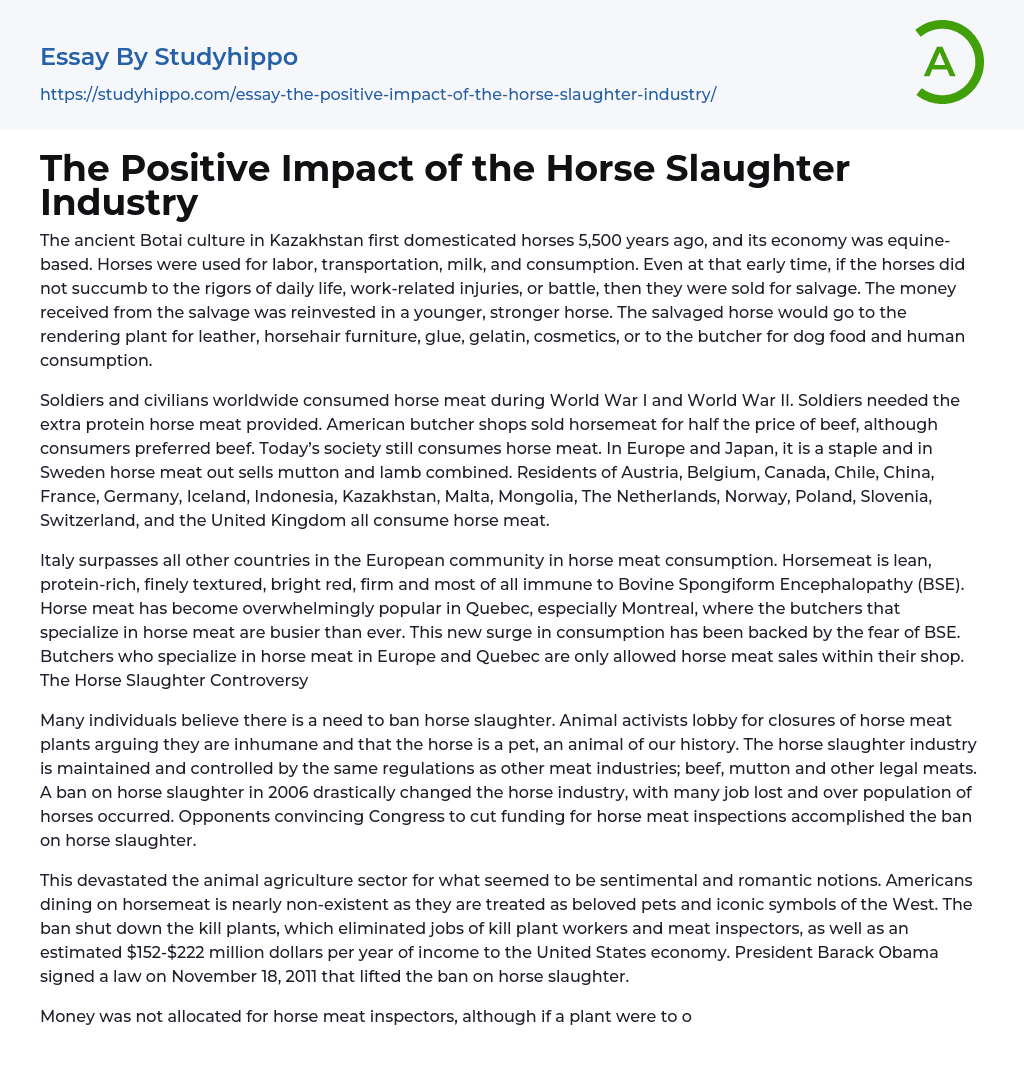 The Positive Impact of the Horse Slaughter Industry Essay Example