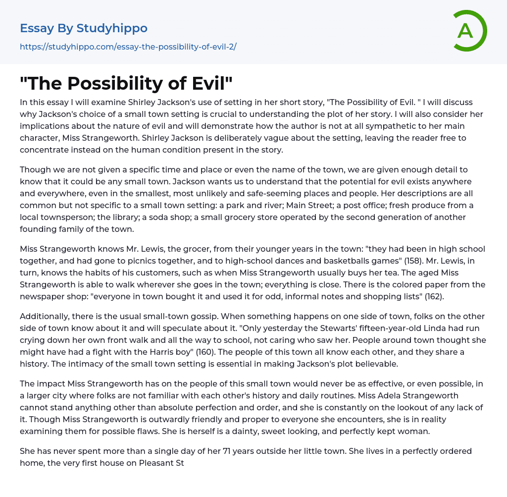 “The Possibility of Evil” Essay Example