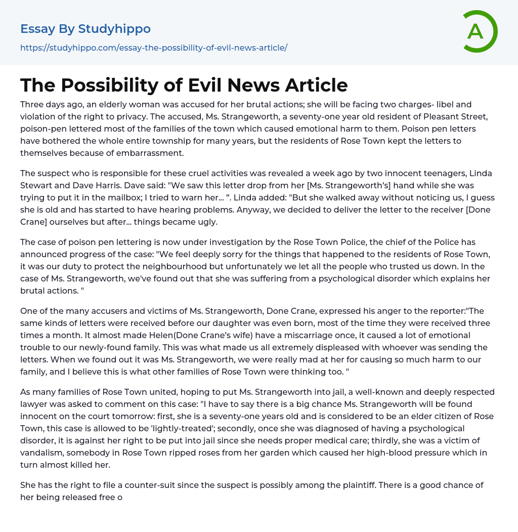 The Possibility of Evil News Article Essay Example