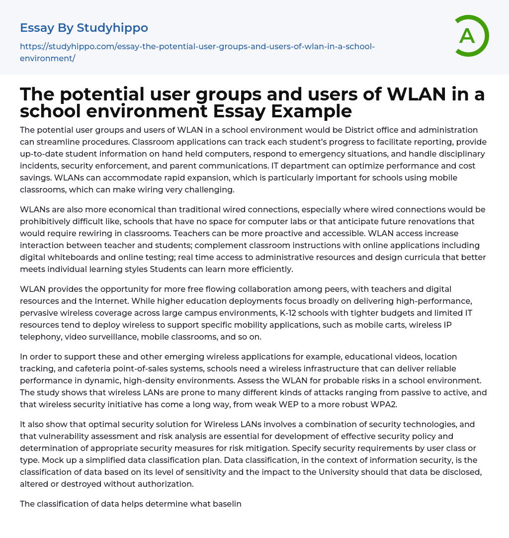 The potential user groups and users of WLAN in a school environment Essay Example