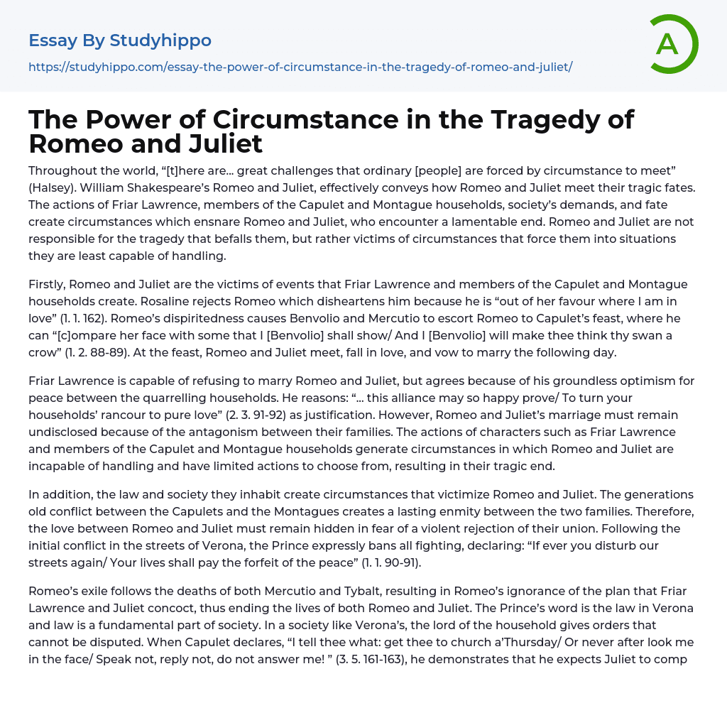 The Power of Circumstance in the Tragedy of Romeo and Juliet Essay Example