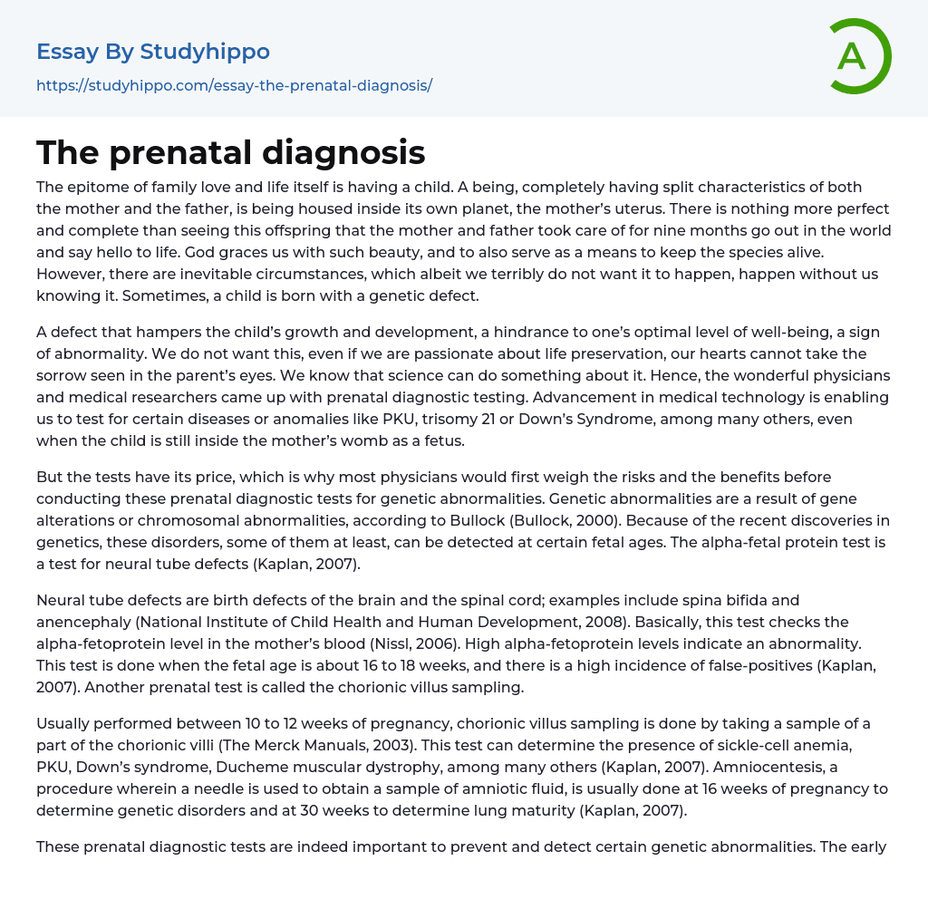 The prenatal diagnosis Essay Example