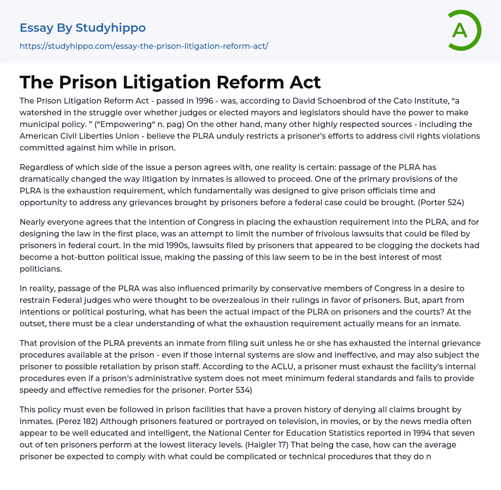 The Prison Litigation Reform Act Essay Example
