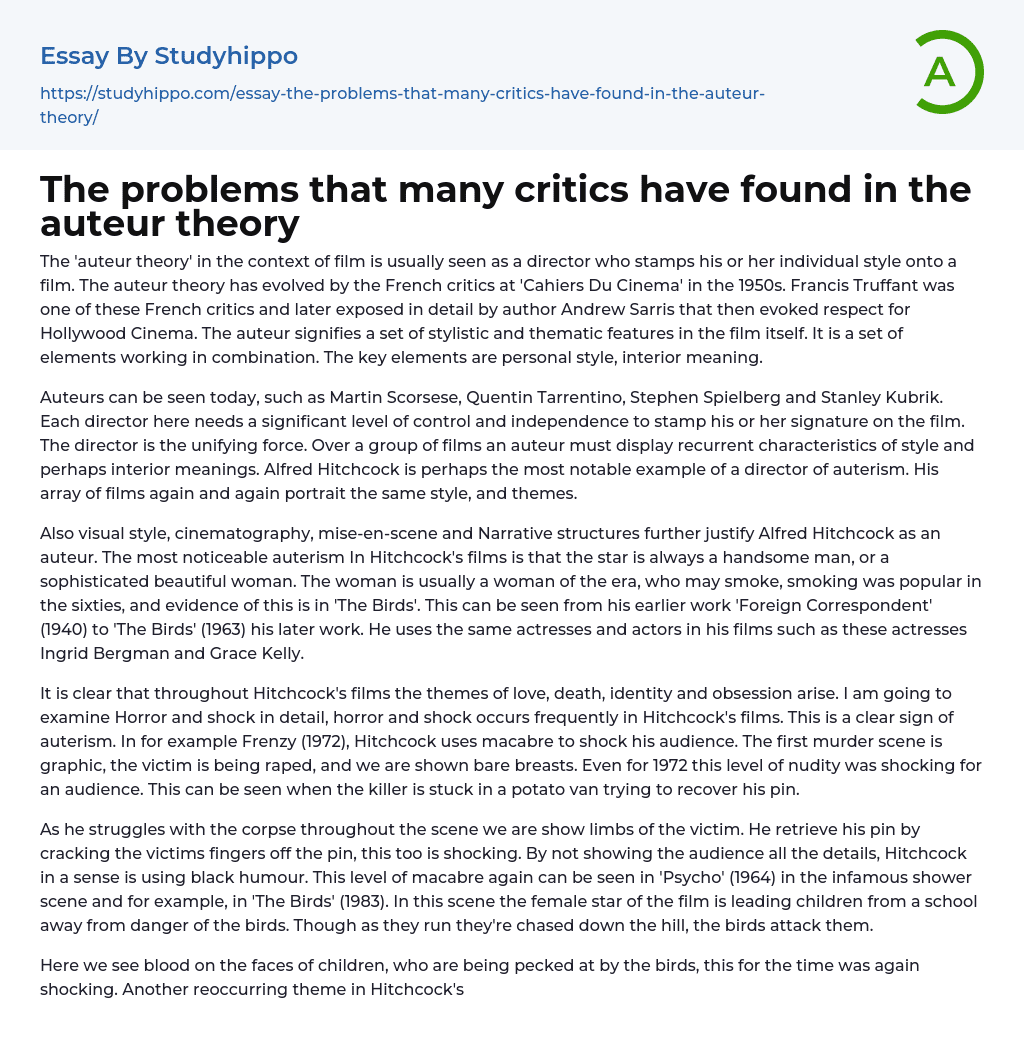 The problems that many critics have found in the auteur theory Essay Example