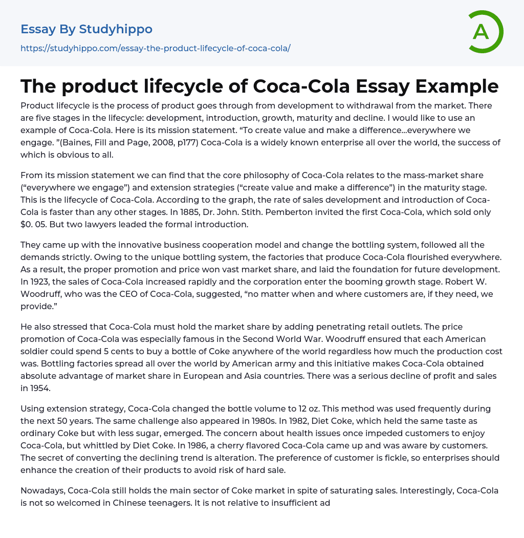 The product lifecycle of Coca-Cola Essay Example