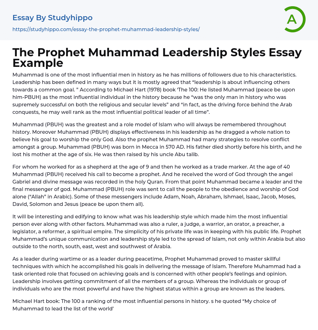 The Prophet Muhammad Leadership Styles Essay Example