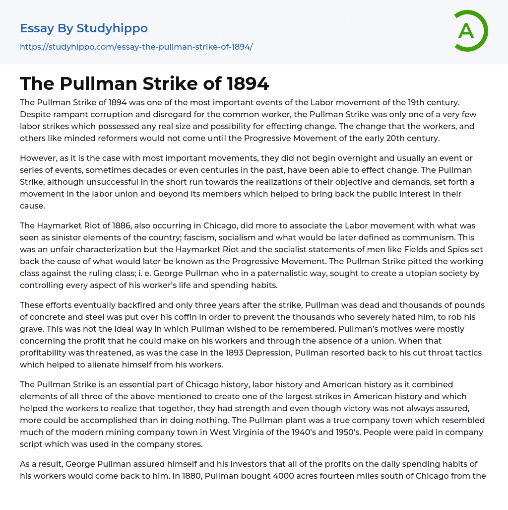The Pullman Strike of 1894 Essay Example
