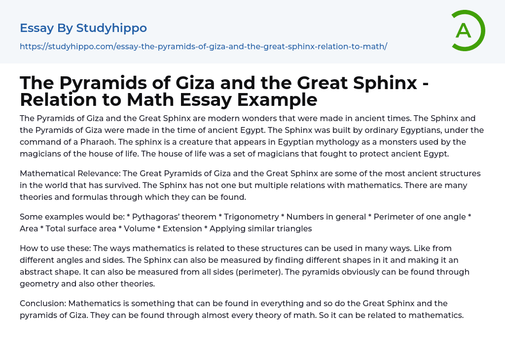The Pyramids of Giza and the Great Sphinx – Relation to Math Essay Example