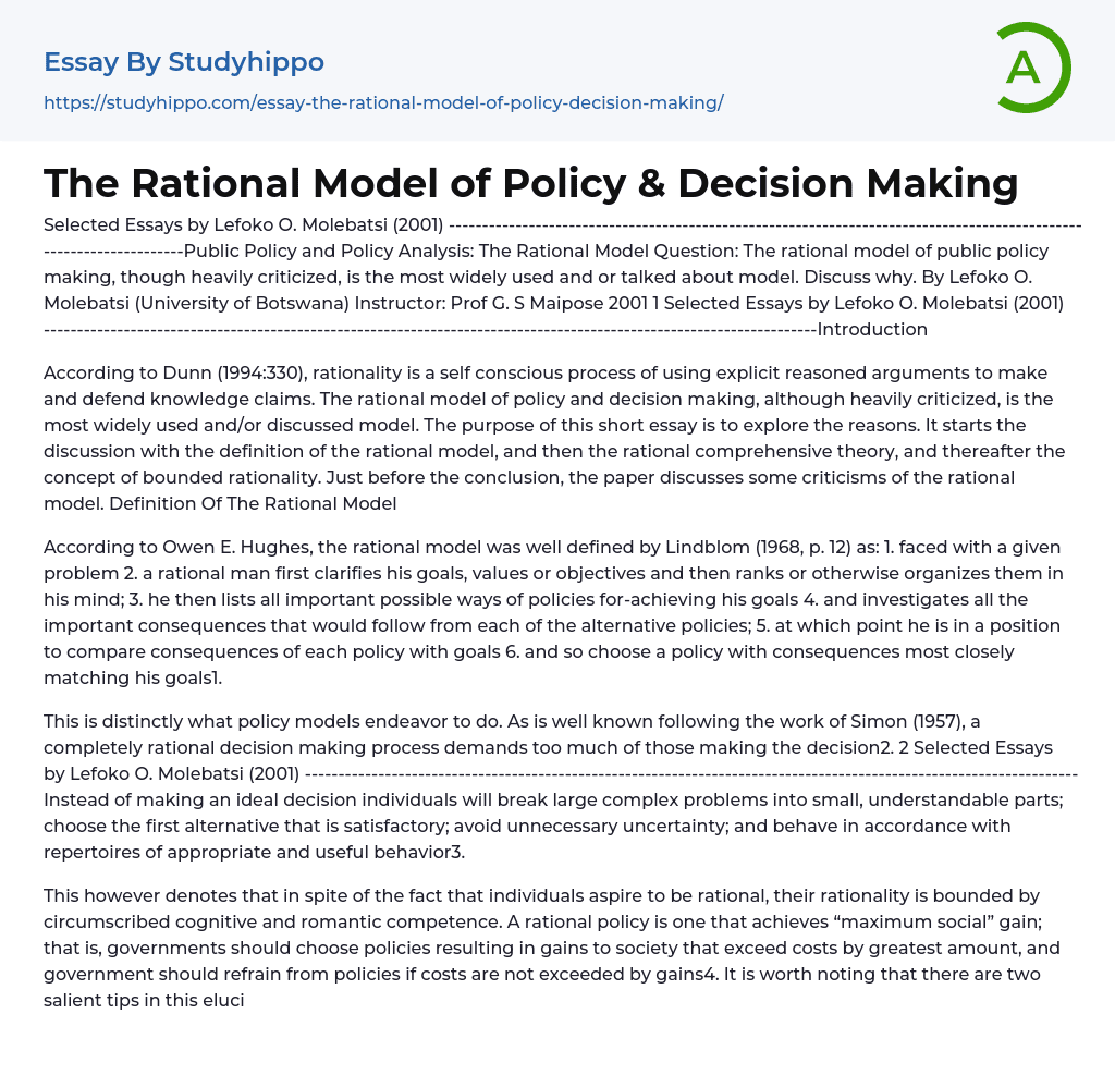 The Rational Model of Policy & Decision Making Essay Example
