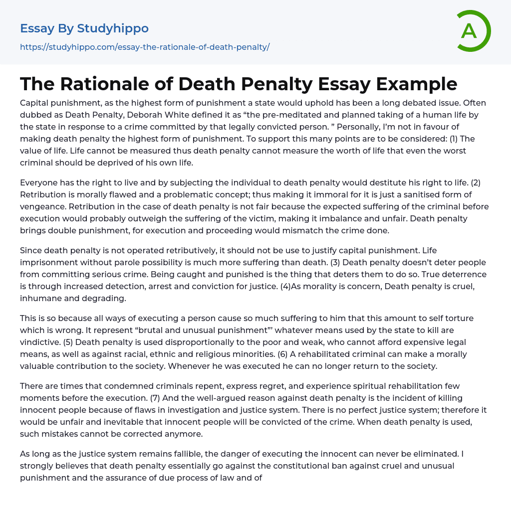 The Rationale of Death Penalty Essay Example