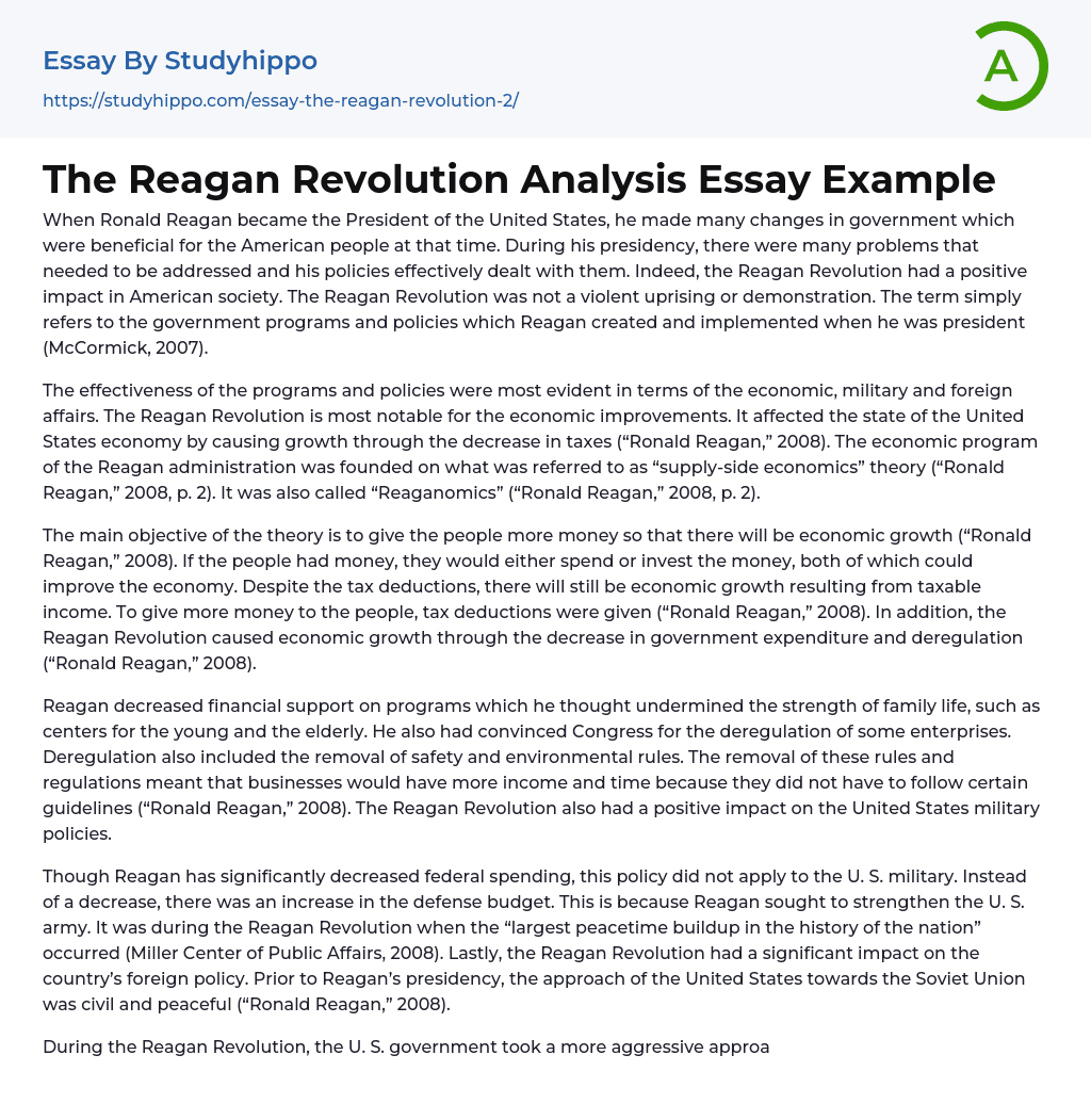 The Reagan Revolution Analysis Essay Example