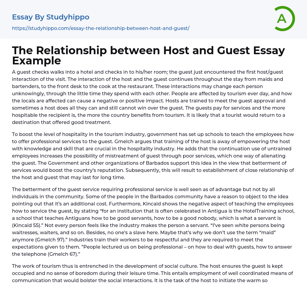 The Relationship between Host and Guest Essay Example