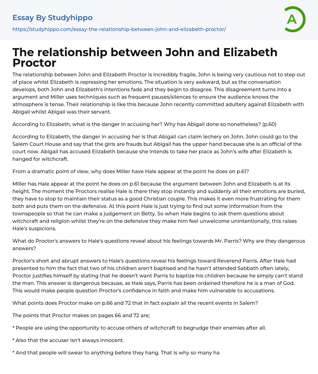 The relationship between John and Elizabeth Proctor Essay Example