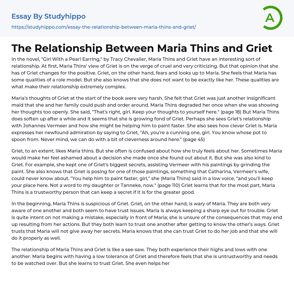The Relationship Between Maria Thins and Griet Essay Example